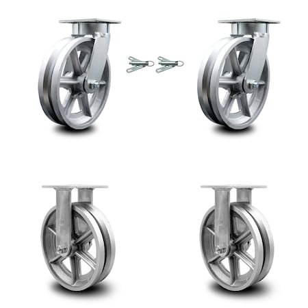 Service Caster 8 Inch Kingpinless V Groove Semi Steel Wheel Caster Swivel Locks 2 Rigid, 2PK SCC-KP30S820-VGR-BSL-2-R-2